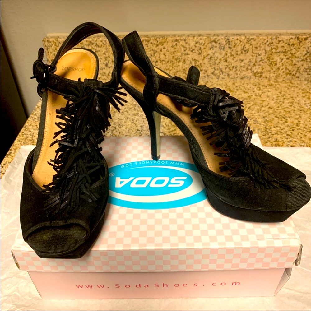 TopShop black suede 7M open toe heels